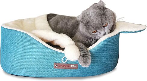 Oval Pet Beds for Cats and Small Dogs, Snuggery Pet Bed with Attached Blanket, Hooded Bolster Bed, Ultra Soft Short Plush, Washable High Resilience PP Cotton, and More (Medium, Blue) in Saudi Arabia