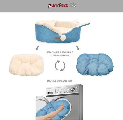 Oval Pet Beds for Cats and Small Dogs, Snuggery Pet Bed with Attached Blanket, Hooded Bolster Bed, Ultra Soft Short Plush, Washable High Resilience PP Cotton, and More (Medium, Blue) in Saudi Arabia