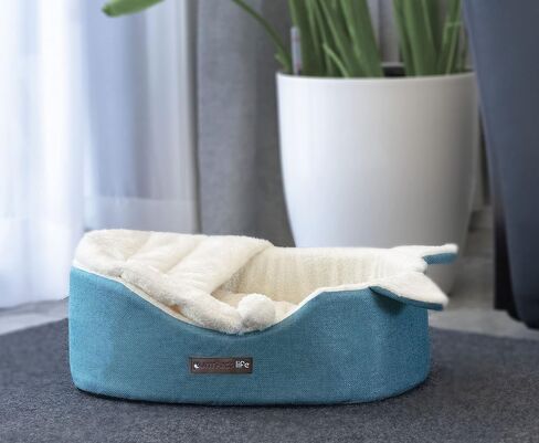 Oval Pet Beds for Cats and Small Dogs, Snuggery Pet Bed with Attached Blanket, Hooded Bolster Bed, Ultra Soft Short Plush, Washable High Resilience PP Cotton, and More (Medium, Blue) in Saudi Arabia