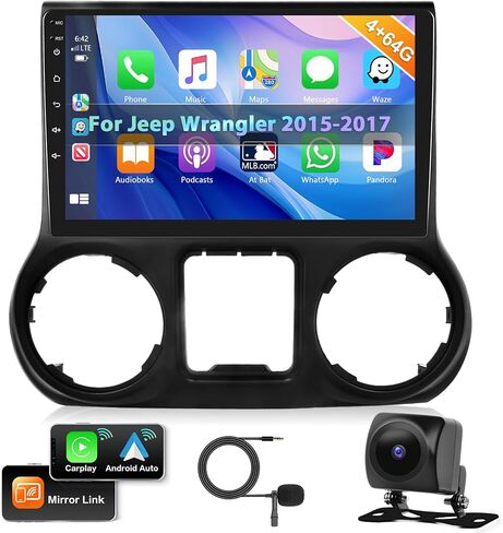 Podofo 【ترقية 4+64G】ستيريو سيارة لسيارة Jeep Wrangler 2015 2016 2017 مع Carplay اللاسلكي وAndroid Auto، راديو سيارة بشاشة لمس IPS 10 بوصة مع بلوتوث/GPS/WiFi/SWC/FM&RDS + كاميرا احتياطية AHD + ميكروفون in Saudi Arabia