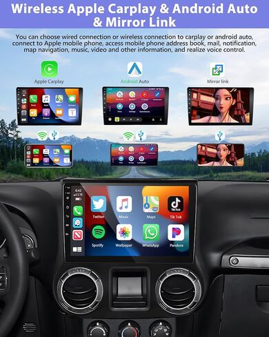 Podofo 【ترقية 4+64G】ستيريو سيارة لسيارة Jeep Wrangler 2015 2016 2017 مع Carplay اللاسلكي وAndroid Auto، راديو سيارة بشاشة لمس IPS 10 بوصة مع بلوتوث/GPS/WiFi/SWC/FM&RDS + كاميرا احتياطية AHD + ميكروفون in Saudi Arabia