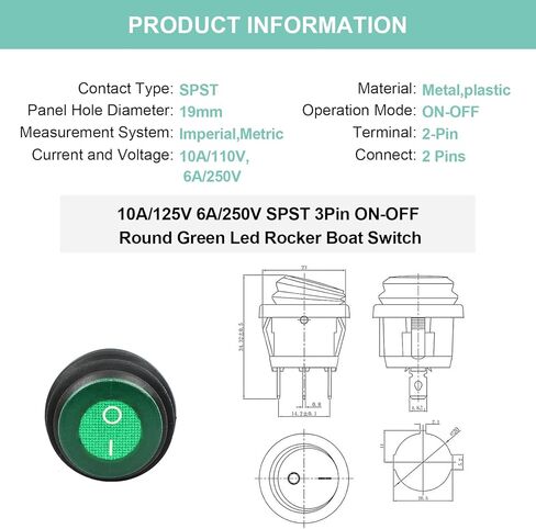 QTEATAK KCD1 On/Off 3-Pin 2-Position Snap 10A/125V، 6A/250V أحمر LED مقاوم للماء علوي وسفلي قارب مستدير مفتاح هزاز سلكي مسبقًا - قطعتان in Kuwait