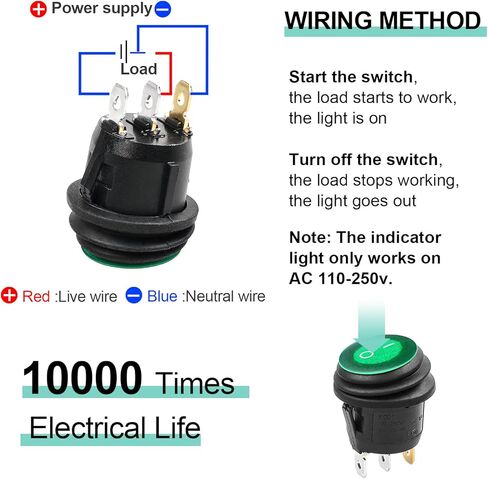 QTEATAK KCD1 On/Off 3-Pin 2-Position Snap 10A/125V، 6A/250V أحمر LED مقاوم للماء علوي وسفلي قارب مستدير مفتاح هزاز سلكي مسبقًا - قطعتان in Kuwait