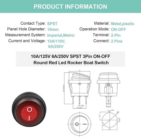 QTEATAK KCD1 On/Off 3-Pin 2-Position Snap 10A/125V, 6A/250V Red LED Waterproof Top and bottom Round Boat Pre-Wired Rocker Switch-2 Pcs in Saudi Arabia