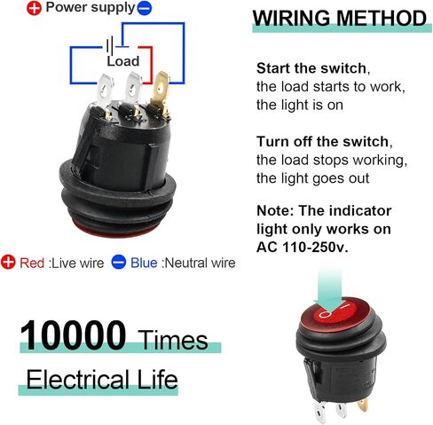 QTEATAK KCD1 On/Off 3-Pin 2-Position Snap 10A/125V, 6A/250V Red LED Waterproof Top and bottom Round Boat Pre-Wired Rocker Switch-2 Pcs in Saudi Arabia