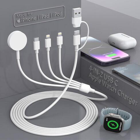 Charger Cable for Apple Watch/iPhone/Airpods Upgraded, 4 in 2 USB C Fast Apple Watch Charger iWatch Charging Cable for iWatch Series 3/4/5/6/7/8/9/SE/Ultra Portable Wireless Charger Cord (White) in Saudi Arabia