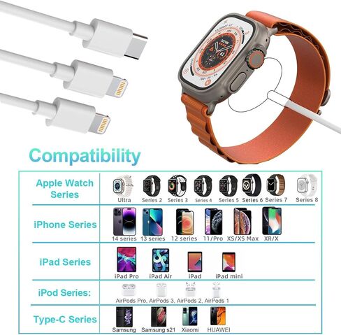 Charger Cable for Apple Watch/iPhone/Airpods Upgraded, 4 in 2 USB C Fast Apple Watch Charger iWatch Charging Cable for iWatch Series 3/4/5/6/7/8/9/SE/Ultra Portable Wireless Charger Cord (White) in Saudi Arabia