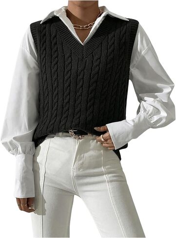 Verdusa Women's Cable Knit Sweater Vest V Neck Pullover Tank Top in Saudi Arabia