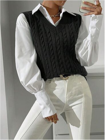 Verdusa Women's Cable Knit Sweater Vest V Neck Pullover Tank Top in Saudi Arabia