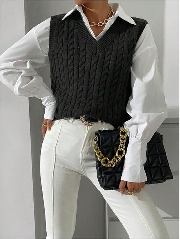 Verdusa Women's Cable Knit Sweater Vest V Neck Pullover Tank Top in Saudi Arabia