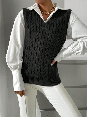 Verdusa Women's Cable Knit Sweater Vest V Neck Pullover Tank Top in Saudi Arabia