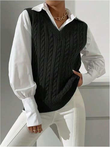 Verdusa Women's Cable Knit Sweater Vest V Neck Pullover Tank Top in Saudi Arabia