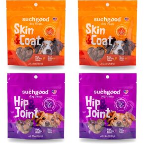 SuchGood Hip and Joint + Skin and Coat Dog Treats - Support Chews for All Breed Sizes and Ages, Glucosamine and Chondroitin + Salmon and Flaxseed Oil (Chicken Flavor, 2 Packs)