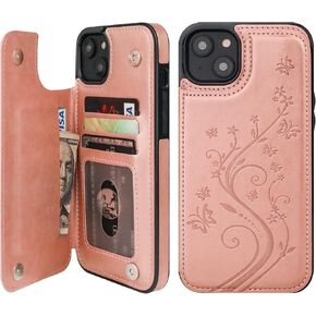 Vaburs Compatible with iPhone 14 Plus Case Wallet with Card Holder,Embossed Butterfly Pattern PU Leather Double Buttons Flip Protective Shockproof Cover for Magnetic Car Mount 6.7 Inch (Rose Gold)