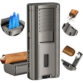 SCARRA Cigar Lighter Built-in One-Touch Cigar Punch, Cigar Holder, Cigar Draw Enhancer, Cigar Accessories, Triple Jet Flame Cigar Torch Lighter with Gift Box, Multifunctional Butane Lighters