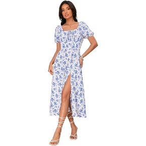 WDIRARA Women's Floral Print Tie Front Square Neck Short Sleeve Split Thigh Dress