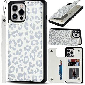 iCoverCase Phone Case for iPhone 12/12 Pro Case with Card Holder, Wallet Case for Women Men with Wrist Strap, [RFID Blocking] Card Slots Kickstand PU Leather Case (Gray Leopard)