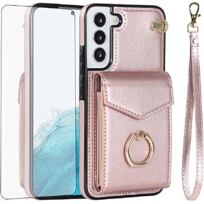 Asuwish Phone Case for Samsung Galaxy S22 Plus S22+ 5G Wallet Cover with Tempered Glass Screen Protector and RFID Blocking Ring Card Holder Leather Cell S22+5G S22plus 22S + S 22 22+ Women Off White