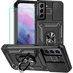 for S21 Plus Case, Samsung S21 Plus Case with Screen Protector: [Military Grade 20ft. Drop Tested] Ring Shockproof Protective Phone Case for - Samsung Galaxy S21 Plus Black