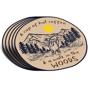 (3Pcs) A Cup of Hot Coffee and A Walk in The Woods Sticker Camping Decal Waterproof Vinyl Stickers Adult for Laptop Kindle Car Tumbler Water Bottle Mug Phone Notebook Helmet Bike Mug - Size 3"x2.7"