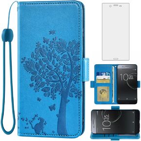 Asuwish Compatible with Sony Xperia XZ Premium Wallet Case and Tempered Glass Screen Protector Flip Purse Wrist Strap Credit Card Holder Stand Cell Phone Cover for Experia G8141 G8142 Women Men Blue