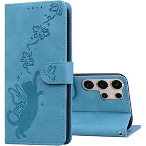 Wallet Case for Samsung Galaxy S24 Case Premium Leather Flip Cover with Card Holder Magnetic Closure Butterfly Cat Pattern Kickstand Shockproof Protective Phone Case - Pink
