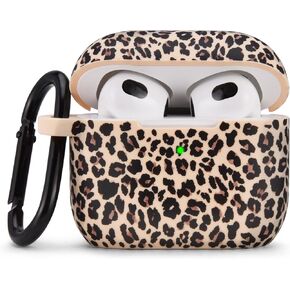 Compatible with AirPods 3rd Generation Case for Women, Clear Flower AirPods 3 Case Cover with Keychain Hard Cute Skin for Apple Air Pods Gen 3 (Beige Leopard-Buckle)
