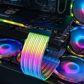 RGB PSU Extension Cable, Dual Light Source RGB Fiber Optic LED, 18AWG 24 Pin ATX ARGB PSU Cable, 5v 3 Pin Adapter, 9.5in Long, for E ATX Motherboard