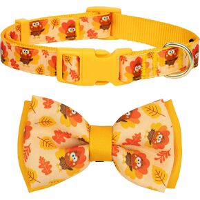 azuza Thanksgiving Dog Collars with Bow, Cute Turkey and Maple Leaves Orange Adjustable Dog Collar with Double Layer Bow tie, Gifts on Thanksgiving for Puppy and Small Dogs