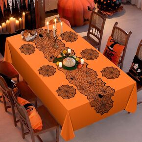 2 PCS Halloween Round Tablecloth - 70" Black Lace Spider Web & 84" Orange Lined Table Cover, for Halloween Party, Kitchen Dining Room and Mantel Cover Decorations