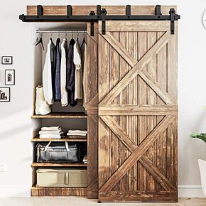 WINSOON 4FT-16FT Metal Sliding Bypass Barn Wood Door Hardware Kit System Bending Design Wall Mount Bracket Fit Double Wooden Doors (8FT)