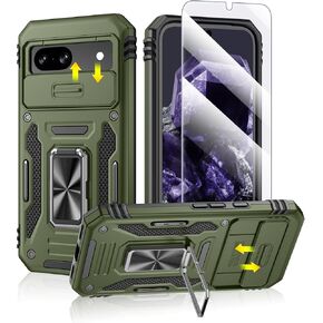 Caka for Google Pixel 8A Case, [Full Camera Protection] [360°Rotated Kickstand Ring] [HD Screen Protector] Militray-Grade Hard Protective Phone Case Cover with Tempered Glass for Pixel 8A - Green