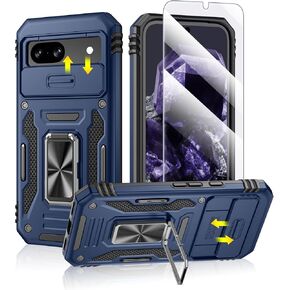 Caka for Google Pixel 8A Case, [Full Camera Protection] [360°Rotated Kickstand Ring] [HD Screen Protector] Militray-Grade Hard Protective Phone Case Cover with Tempered Glass for Pixel 8A - Green