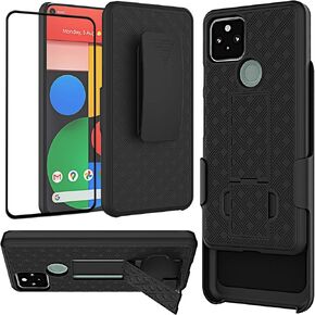 Ailiber Google Pixel 5 Case Holster, Google Pixel5 Screen Protector, Swivel Belt Clip Kickstand Holder, Slim Rugged Full Body Armor Shell Protective Pouch Cover for Google Pixel 5 5G 6.0 inch - Black