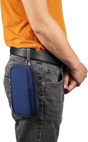 Cell Phone Belt Clip Bag Men Blue, Nylon Mobile Phone Waist Holster, 6.9" Waterproof Elasticity Smartphone Waist Belt Pouch phone Belt Loop Holder with Necklace Carrying Case Fanny Pack with Carabine in Kuwait