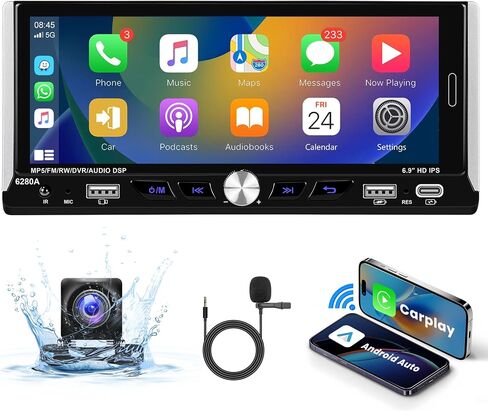 2+64G Android Single Din Car Radio Wireless Carplay Android Auto, 6.9 Inch IPS Touchscreen Multimedia Car Stereo with Mirror Link WiFi GPS Navigation Bluetooth FM RDS EQ AHD Backup Camera SWC in Saudi Arabia