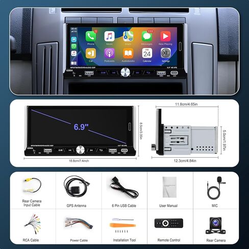 2+64G Android Single Din Car Radio Wireless Carplay Android Auto, 6.9 Inch IPS Touchscreen Multimedia Car Stereo with Mirror Link WiFi GPS Navigation Bluetooth FM RDS EQ AHD Backup Camera SWC in Saudi Arabia