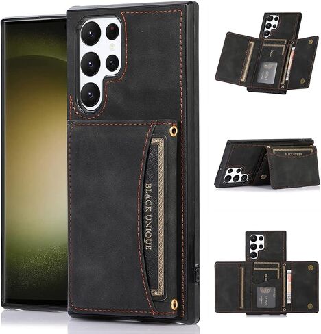 تصميم لهاتف Samsung S23 Ultra 5G Folio حافظة جلدية قابلة للطي مع فتحة حامل لبطاقة الائتمان وحافظات هاتف بمسند وغطاء واقي مضاد للصدمات لهاتف Galaxy S23U S23ULTRA للنساء والرجال 6.8 بوصة أسود in Saudi Arabia