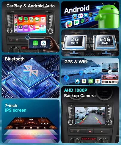 2G 64G Android-12 ستيريو سيارة لأودي A3 2003-2012 S3 2006-2012 RS3 2011&2012 راديو مع Carplay لاسلكي Android Auto 7 بوصة IPS شاشة تعمل باللمس DAB+ RDS/FM GPS بلوتوث USB DVR AHD كاميرا احتياطية in Saudi Arabia