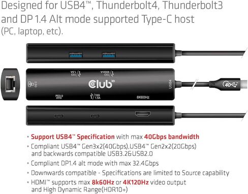 Club 3D CSV-1599 USB4 Gen3x2 Type-C، موزع 6 في 1 مع HDMI 8K60 هرتز أو 4K120 هرتز، 2xUSB Type-A(10G)، Ethernet RJ45(2.5G) و2xUSB Type-C، 1x Data (10G) و1xPD3 .0 شحن 100 وات in Kuwait