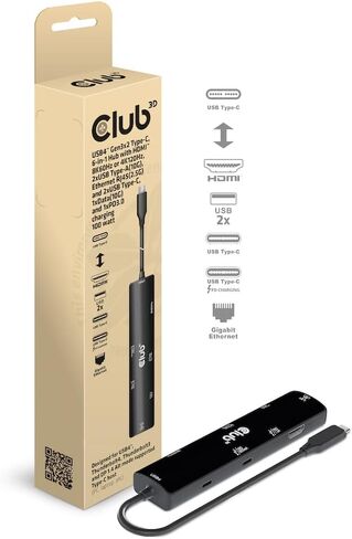 Club 3D CSV-1599 USB4 Gen3x2 Type-C، موزع 6 في 1 مع HDMI 8K60 هرتز أو 4K120 هرتز، 2xUSB Type-A(10G)، Ethernet RJ45(2.5G) و2xUSB Type-C، 1x Data (10G) و1xPD3 .0 شحن 100 وات in Kuwait