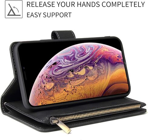 حافظة محفظة UEEBAI لهاتف iPhone 14 Pro، حافظة جلدية من البولي يوريثان، حقيبة يد بسحاب وجيب، فتحات للبطاقات مع حزام يد، حافظة فليب ماربل للنساء - أسود in Saudi Arabia