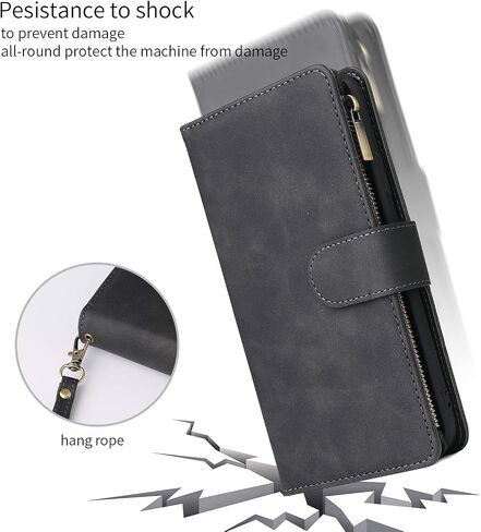 حافظة محفظة UEEBAI لهاتف iPhone 14 Pro، حافظة جلدية من البولي يوريثان، حقيبة يد بسحاب وجيب، فتحات للبطاقات مع حزام يد، حافظة فليب ماربل للنساء - أسود in Saudi Arabia