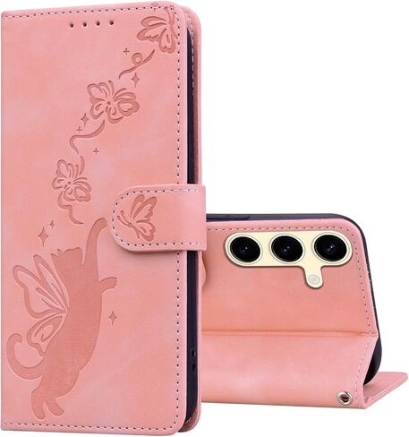 Wallet Case for Samsung Galaxy S24 Case Premium Leather Flip Cover with Card Holder Magnetic Closure Butterfly Cat Pattern Kickstand Shockproof Protective Phone Case - Pink in Saudi Arabia