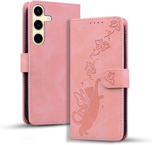 Wallet Case for Samsung Galaxy S24 Case Premium Leather Flip Cover with Card Holder Magnetic Closure Butterfly Cat Pattern Kickstand Shockproof Protective Phone Case - Pink in Saudi Arabia