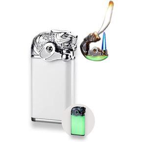 Dual Flame Lighter, Cool Tiger Head Design, Creative Rocker Design,Dual Fire, Fillable, Windproof, Luminous Butane Lighter, Gift for Men (No Gas) (White)