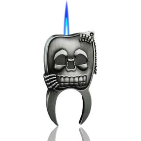 Creative Skull Lighter, Torch Lighters, Cool Windproof Lighter, Funny Lighters, Fancy Lighter, Unique Lighters, Refillable Adjustable Vintage Lighter, Metal Embossed Skull, Gift for Men, Blue