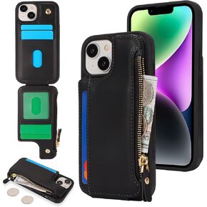 Cavor for iPhone 14 Plus Case with Card Holder,iPhone 14 Plus Wallet Case for Women Men,Phone Case iPhone 14 Plus Case with Wallet,Leather Magnetic Clasp Zipper Pocket Card Slots Cover-Rose Gold