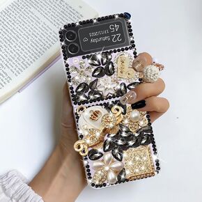 Omio for Samsung Galaxy Z Flip 4 5G Case, Luxury 3D Handmade Sparkle Rhinestone Iron Tower Pendant Pumpkin Car Flowers Crystal Diamond Bling Glitter Hard PC Case for Galaxy Z Flip 4 Women Girls, White