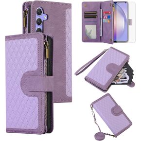 Asuwish Phone Case for Samsung Galaxy A35 5G Wallet Cover with Tempered Glass Screen Protector and Crossbody Wrist Strap Leather Flip Zipper Credit Card Holder Cell A 35 35A A355G Women Girls Black
